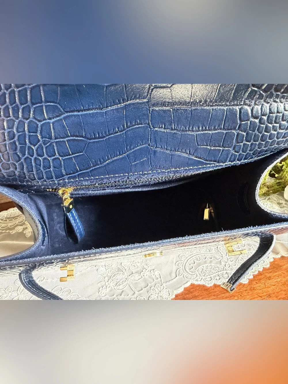 NWOT Teddy Blake Navy Croc-Embossed Leather Top Handle Bag Purse